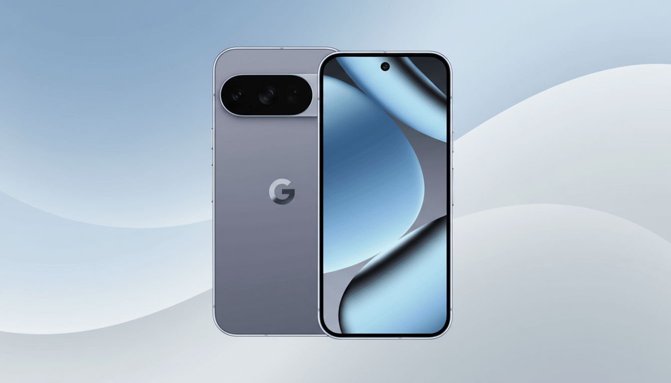 A Google Pixel smartphone, shown from the front and back, against a professional flat design background with soft blue and grey gradients.