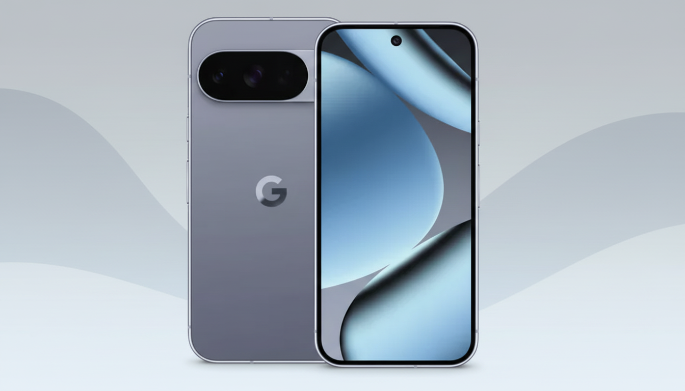 A Google Pixel smartphone, shown from the front and back, against a professional flat design background with soft gray patterns.