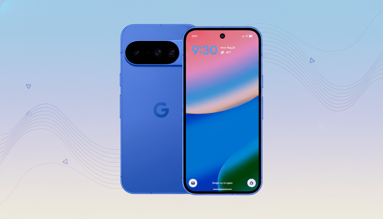 A blue Google Pixel phone, front and back, on a professional flat design background with soft patterns and gradients.