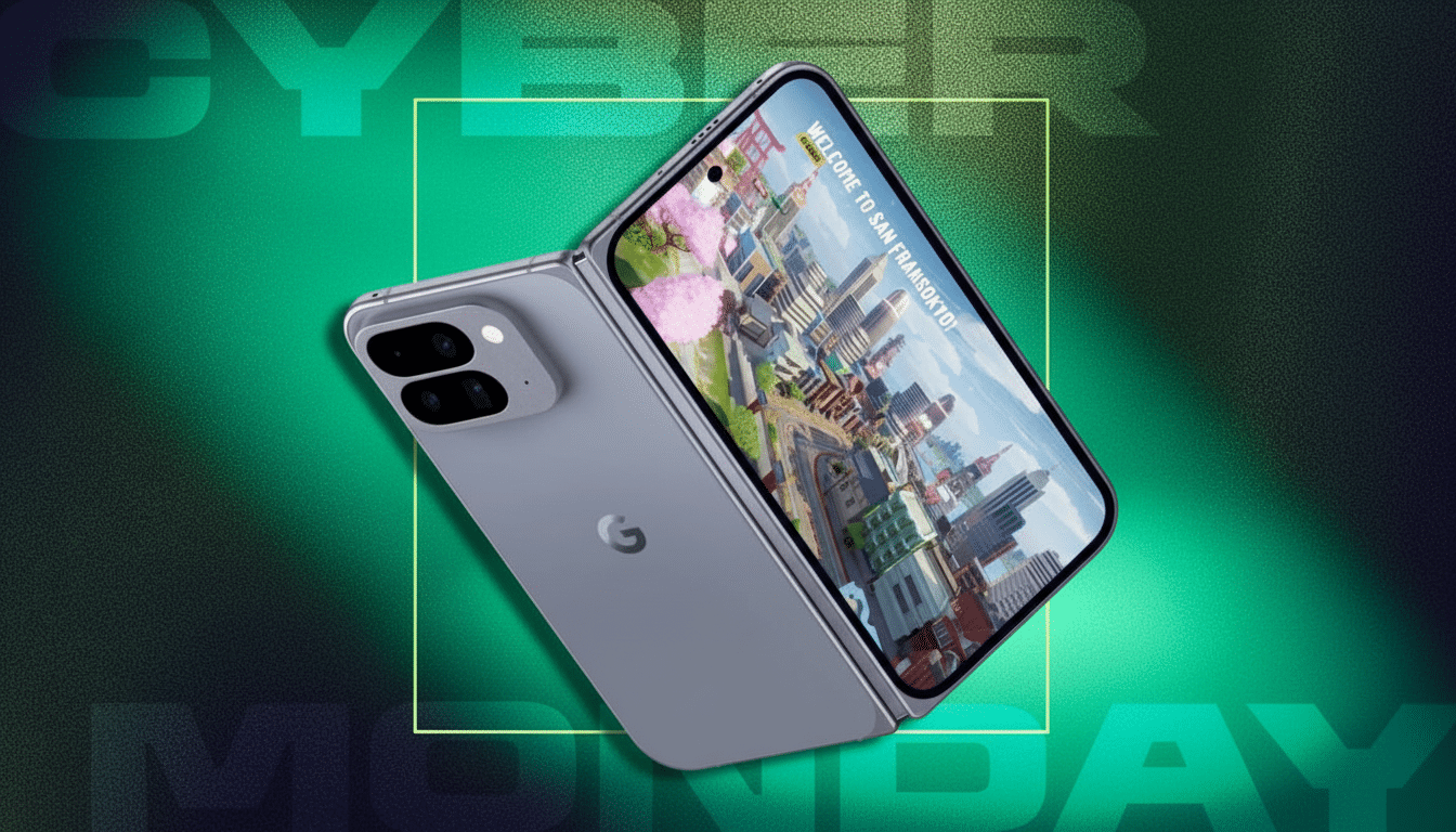 A gray foldable smartphone with a Google logo on the back, displaying a colorful cityscape on its inner screen, set against a dark green background with CYBER MONDAY text.