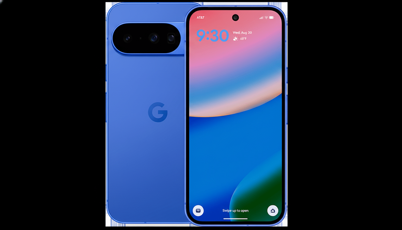 A blue Google Pixel phone, showing both its front and back, set against a black background. The front screen displays the time 9:30, the date Wednesday, August 20, and the temperature 68°F.