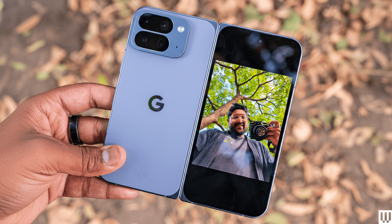 A hand holding a light blue Google Pixel Fold phone, displaying a selfie of a man holding a camera on its screen, against a blurred background of autumn leaves.