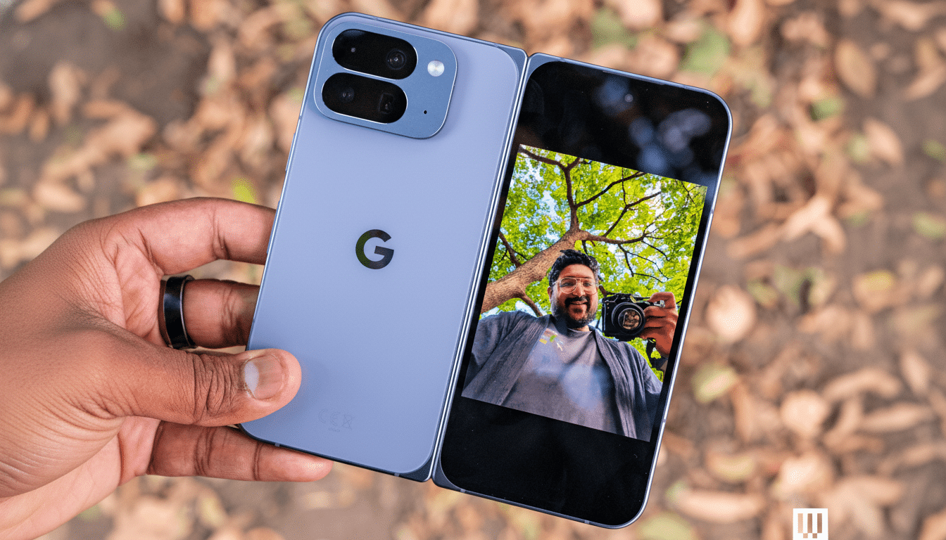 A hand holding a light blue Google Pixel Fold phone, with the screen displaying a selfie of a man holding a camera, against a blurred background of autumn leaves.