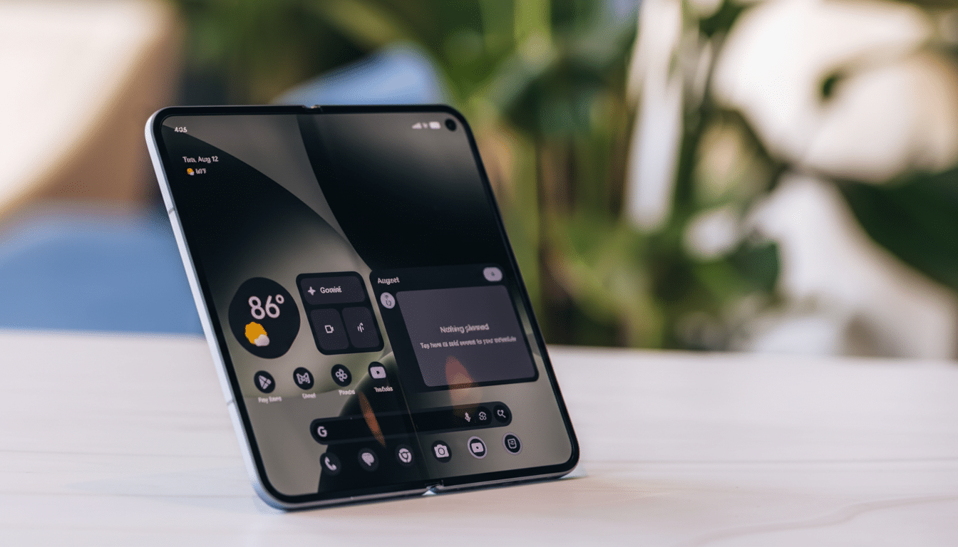A smartphone displaying a home screen with various app icons and widgets, set against a blurred background of a plant.