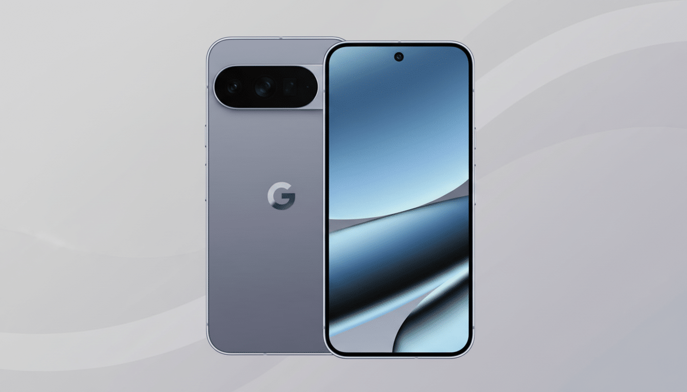 A professional 16:9 image of a grey Google Pixel phone, with its front and back visible, set against a subtle grey background with soft, wavy patterns.