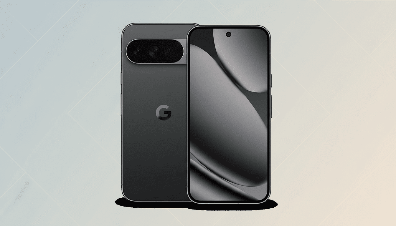 A dark gray smartphone, possibly a Google Pixel, shown from the front and back, with a professional flat design background featuring soft patterns and gradients.