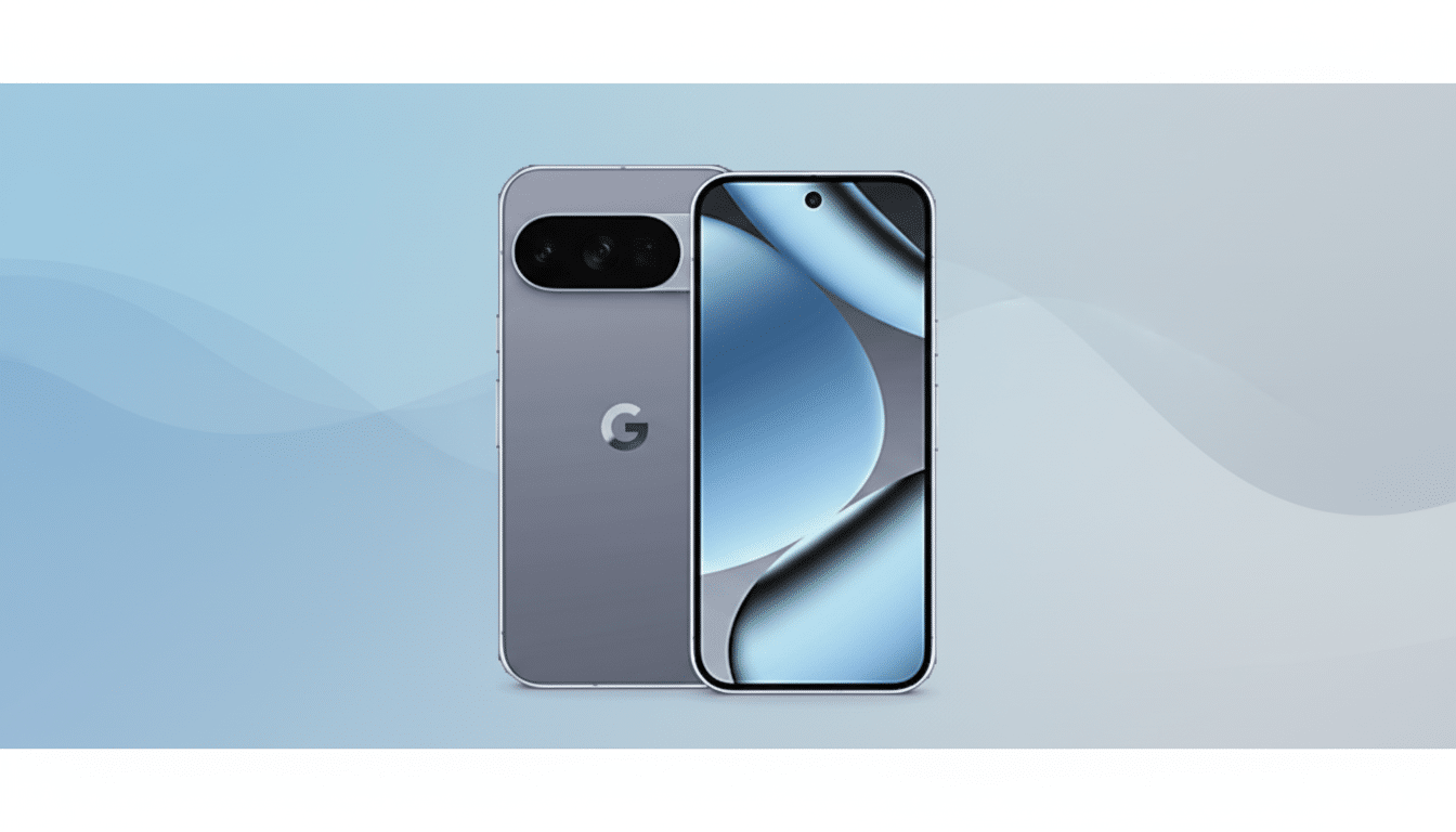 A Google Pixel 7 smartphone, shown from the front and back, against a professional light blue background with subtle wave patterns.