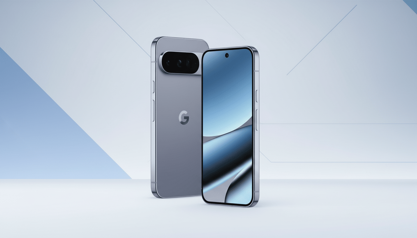 A 16:9 aspect ratio image of two grey smartphones, one facing forward and one facing backward, against a professional flat design background with soft patterns and gradients.