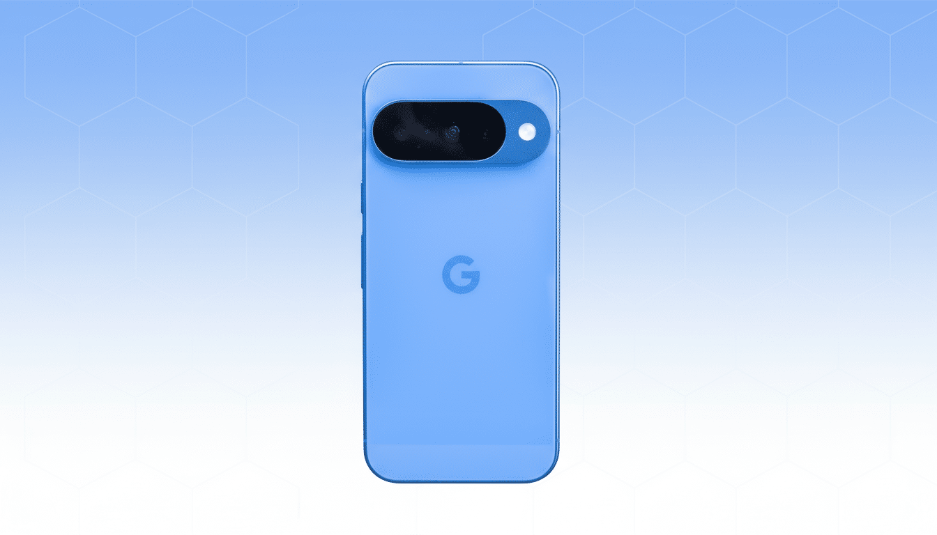 A blue Google Pixel phone is centered on a light blue and white gradient background with a subtle hexagonal pattern.