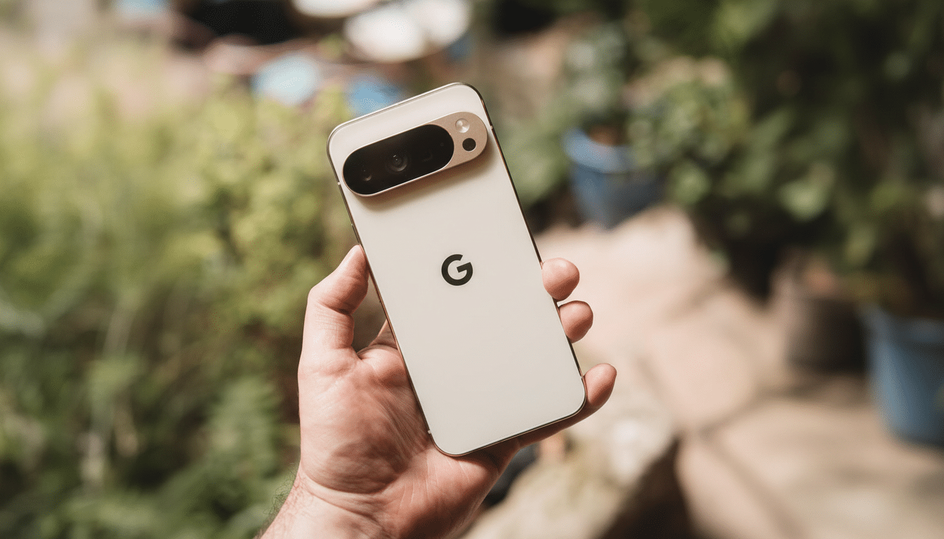 A hand holding a white Google Pixel smartphone with a gold camera bar, set against a blurred green outdoor background.