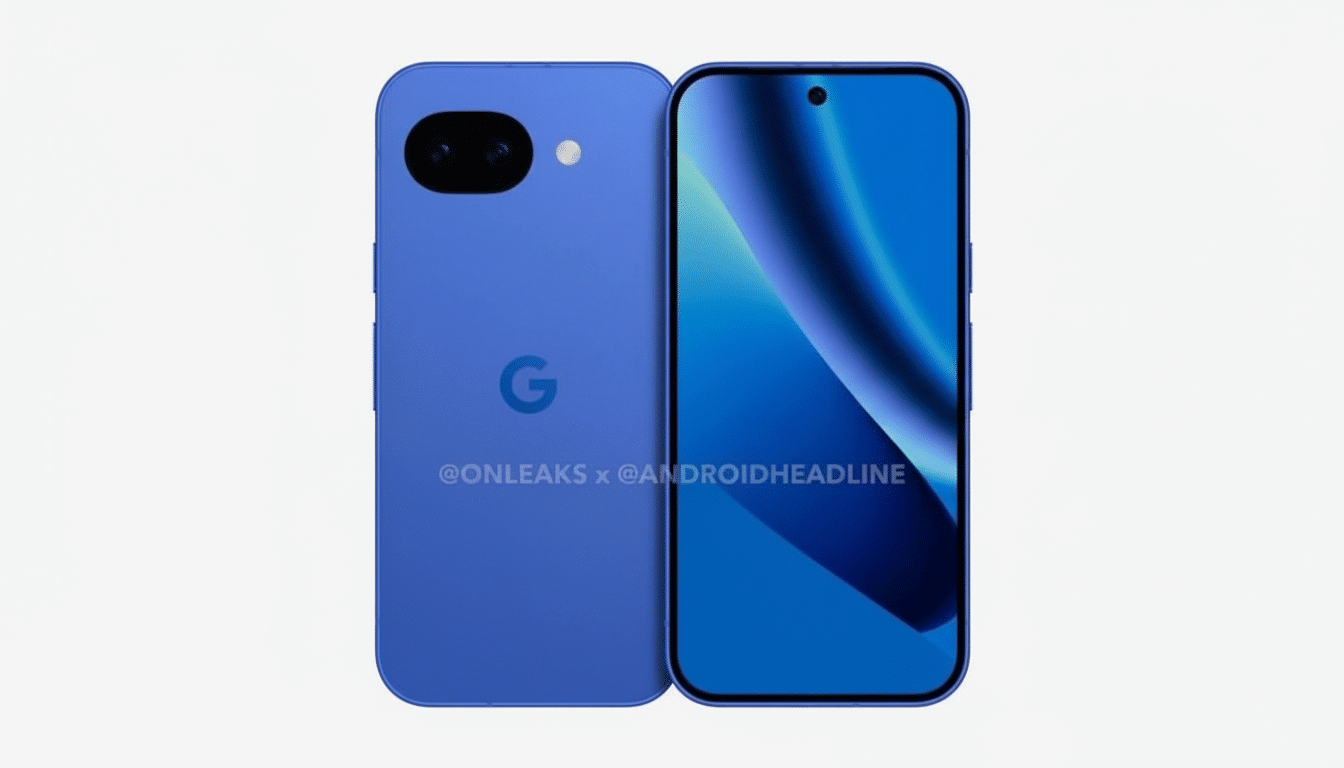 A blue smartphone, possibly a Google Pixel, is shown from the front and back on a light gray background.