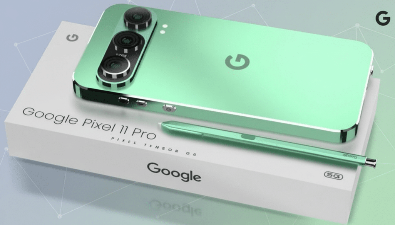 A Google Pixel 11 Pro smartphone in mint green, with a matching stylus, resting on its white packaging box. The background is a professional flat design with soft patterns.