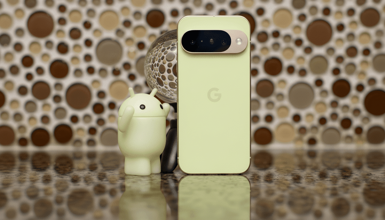 A light green Google Pixel phone stands upright next to a small, light green Android robot figurine. The background features a tiled wall with a pattern of brown, beige, and white circles. The phone and figurine are reflected on the glossy surface they rest upon.