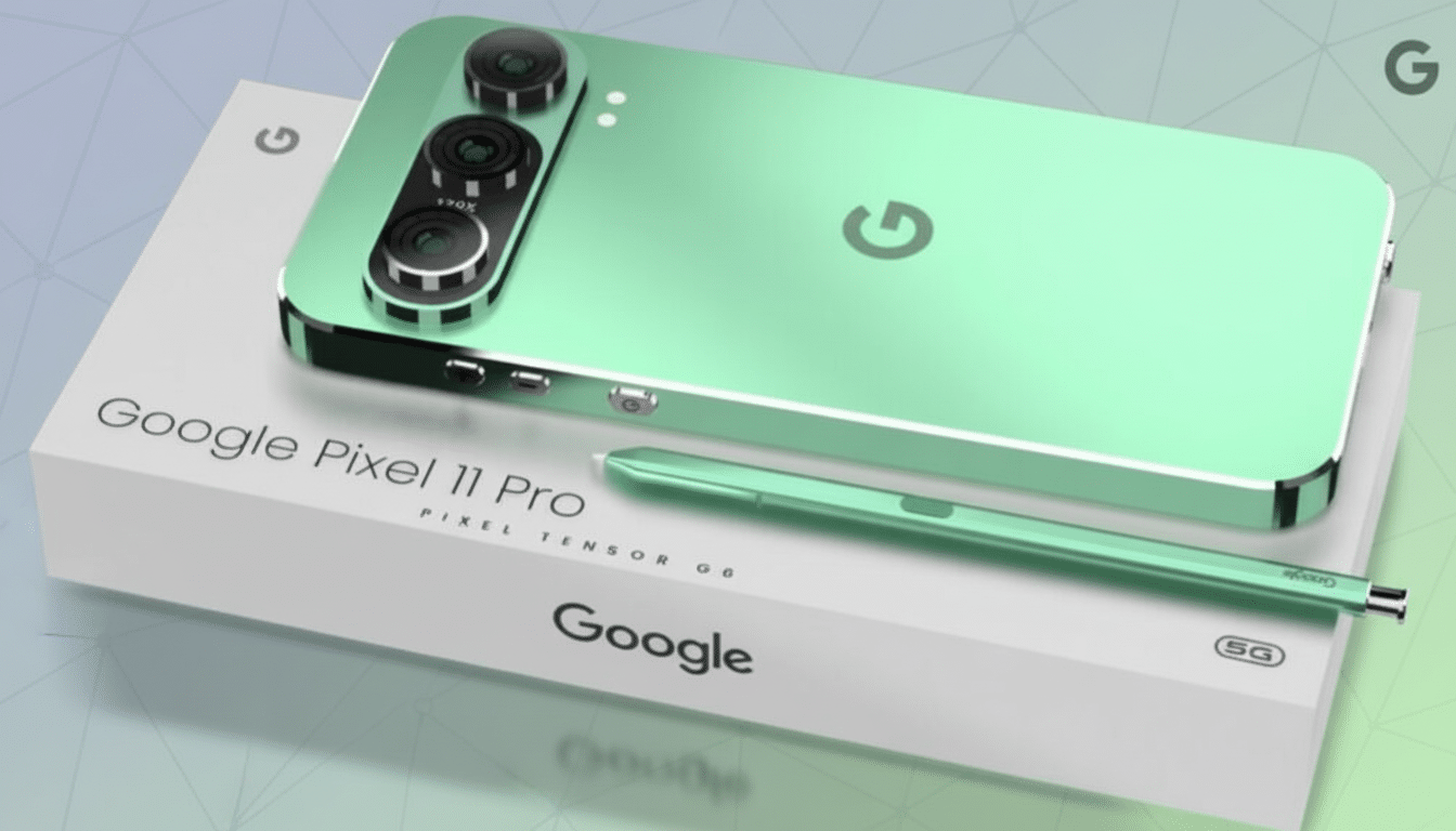 A Google Pixel 11 Pro smartphone and stylus in a mint green color, resting on its white product box.
