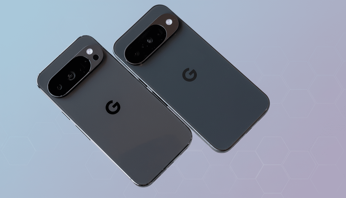 Two dark gray Google Pixel phones are shown from the back, angled on a professional background with soft, geometric patterns and a subtle gradient.