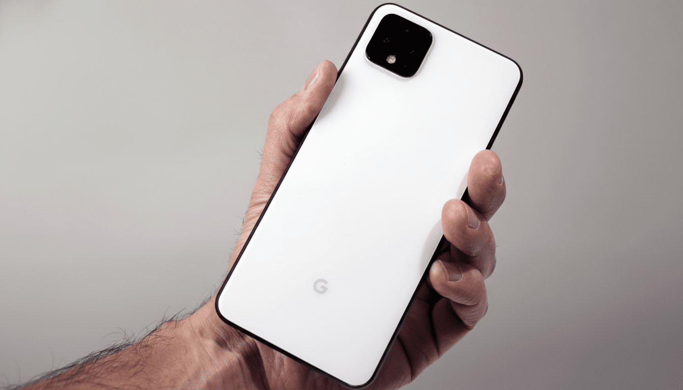 A hand holding a white Google Pixel 4 smartphone, resized to a 16:9 aspect ratio.