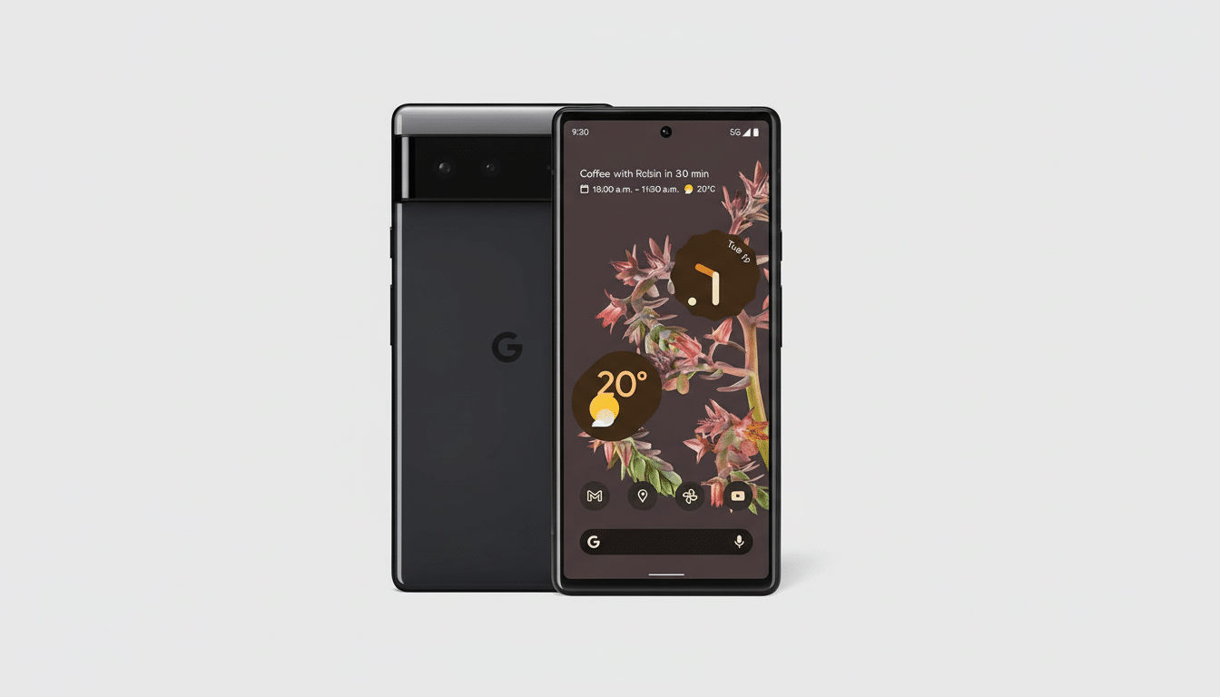 A black Google Pixel 6 smartphone is displayed in a 16:9 aspect ratio. The phone is shown from the front, with its screen displaying a floral wallpaper, and from the back, revealing the Google logo. The background is a clean, professional flat design with a soft gray gradient.