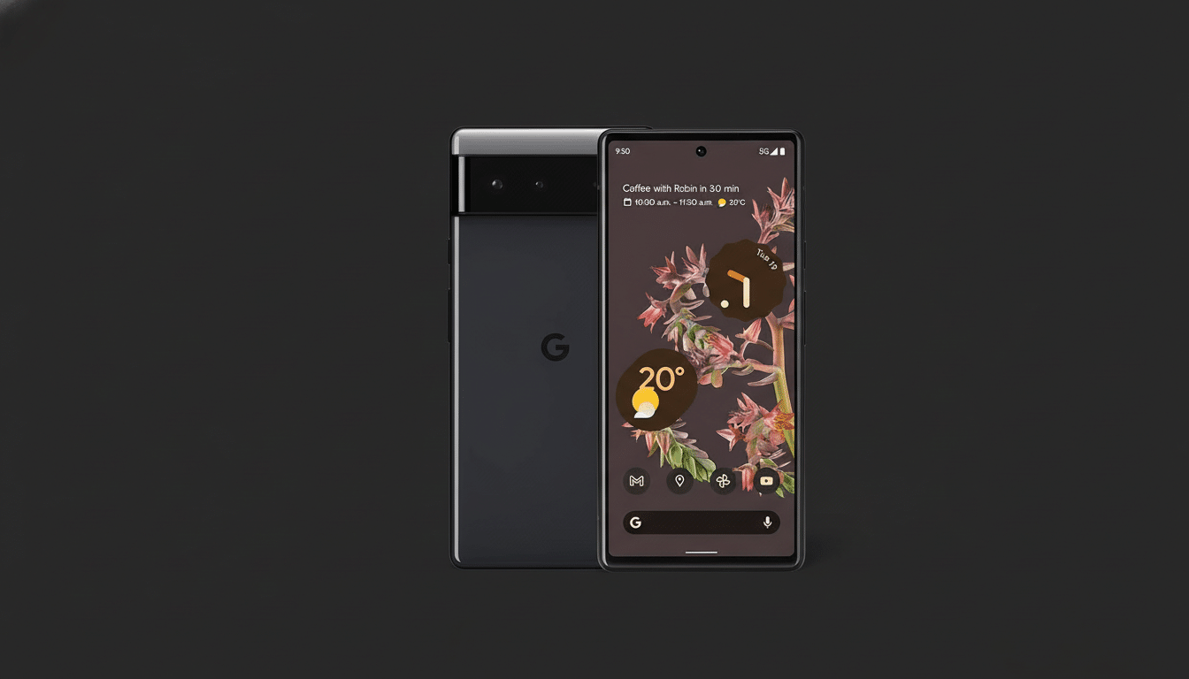 A black Google Pixel 6 smartphone is displayed at a 16:9 aspect ratio on a dark gray background. The phone on the right shows its screen with a floral wallpaper, weather widget, and calendar notification. The phone on the left shows its back with the Google logo.