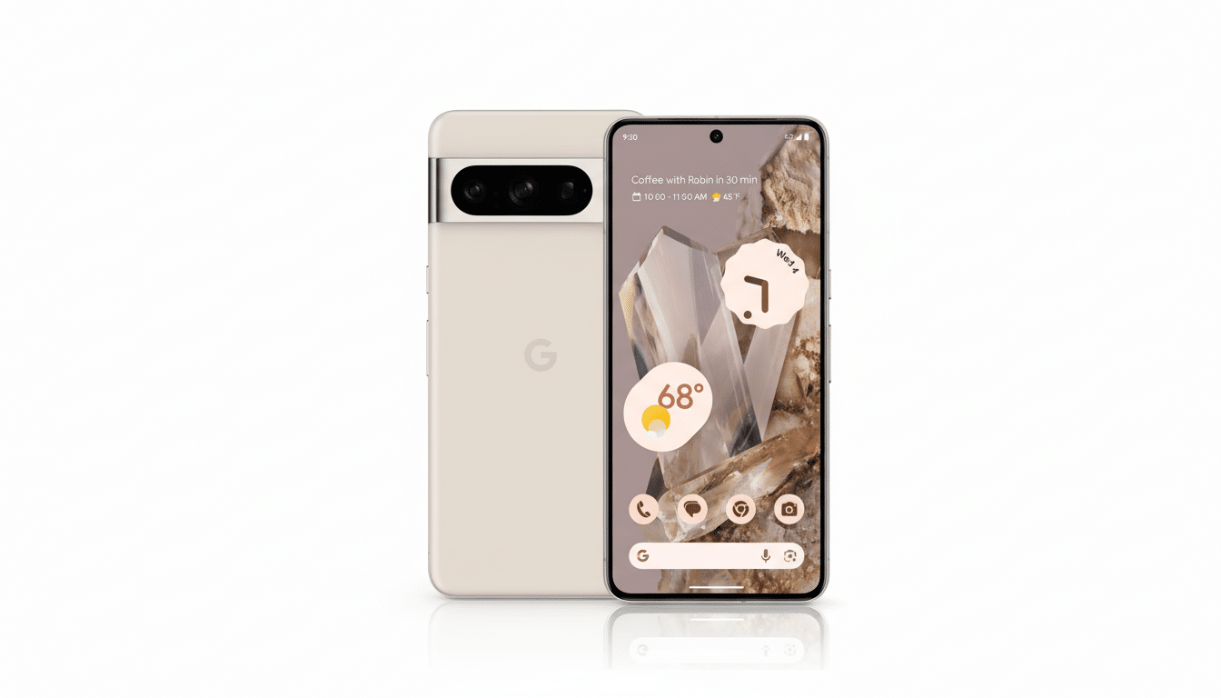 A Google Pixel 7 Pro smartphone in a light beige color, shown from the front and back, against a clean white background. The front screen displays a home screen with a crystal-like wallpaper, weather information, and app icons.