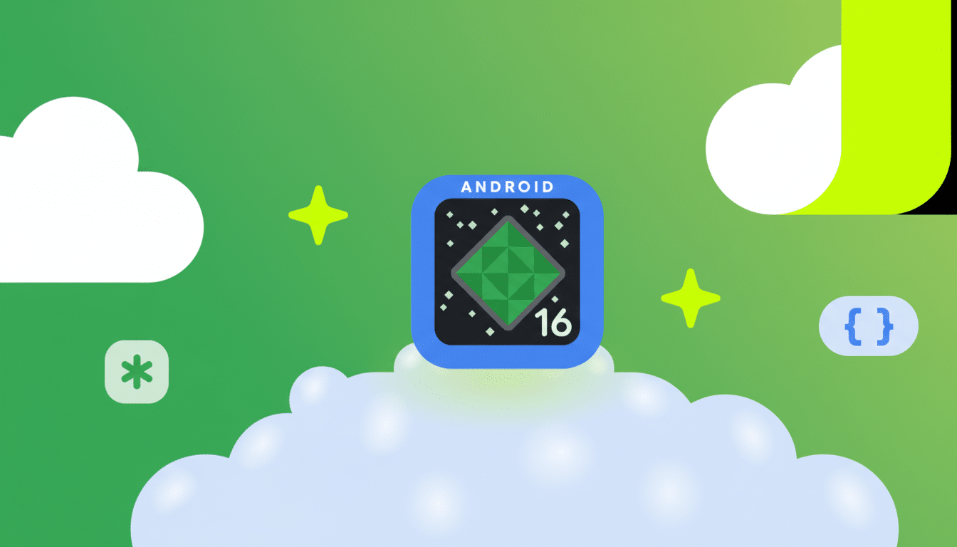 An Android 16 icon, featuring a green diamond shape on a dark background with small white dots, is centered on a white cloud. The background is a gradient of green with abstract white cloud shapes and yellow starbursts.