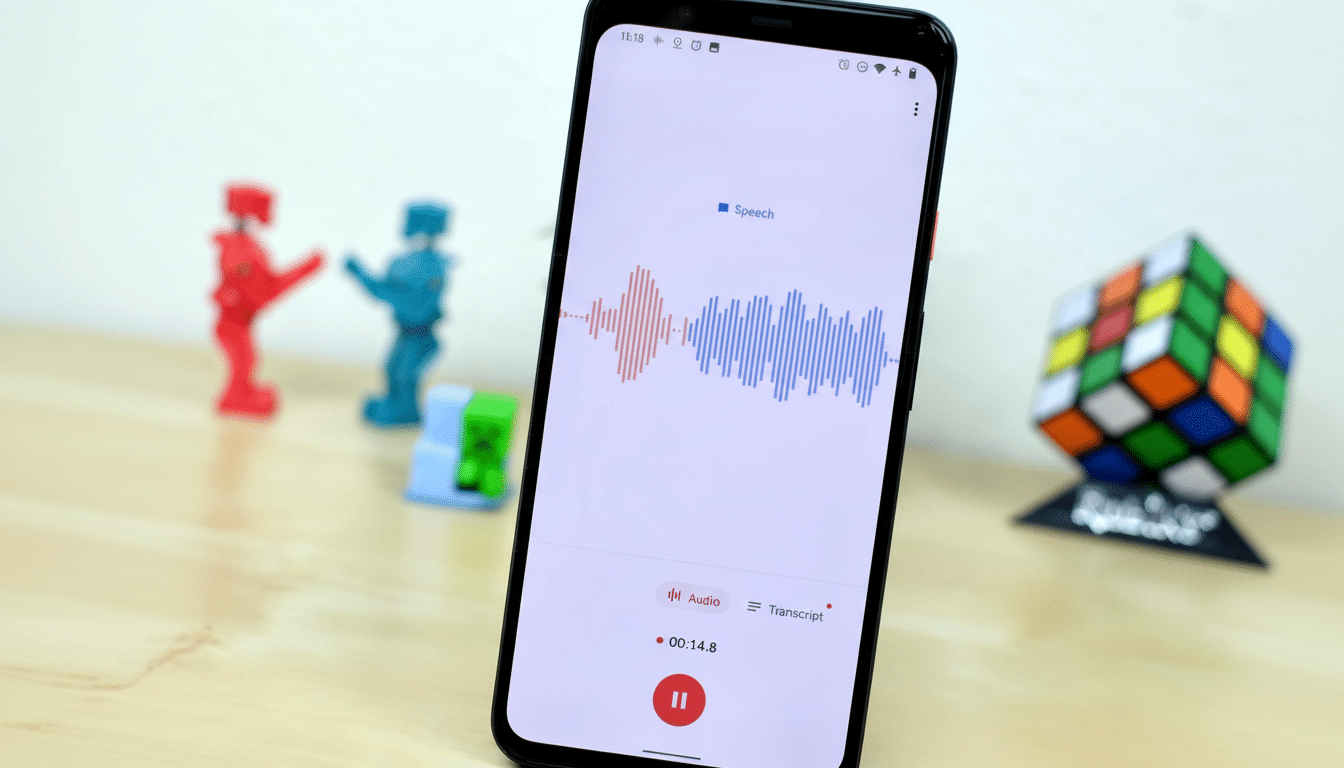 A smartphone displaying a speech-to-text application with a waveform and transcript option, set against a blurred background with colorful toys.