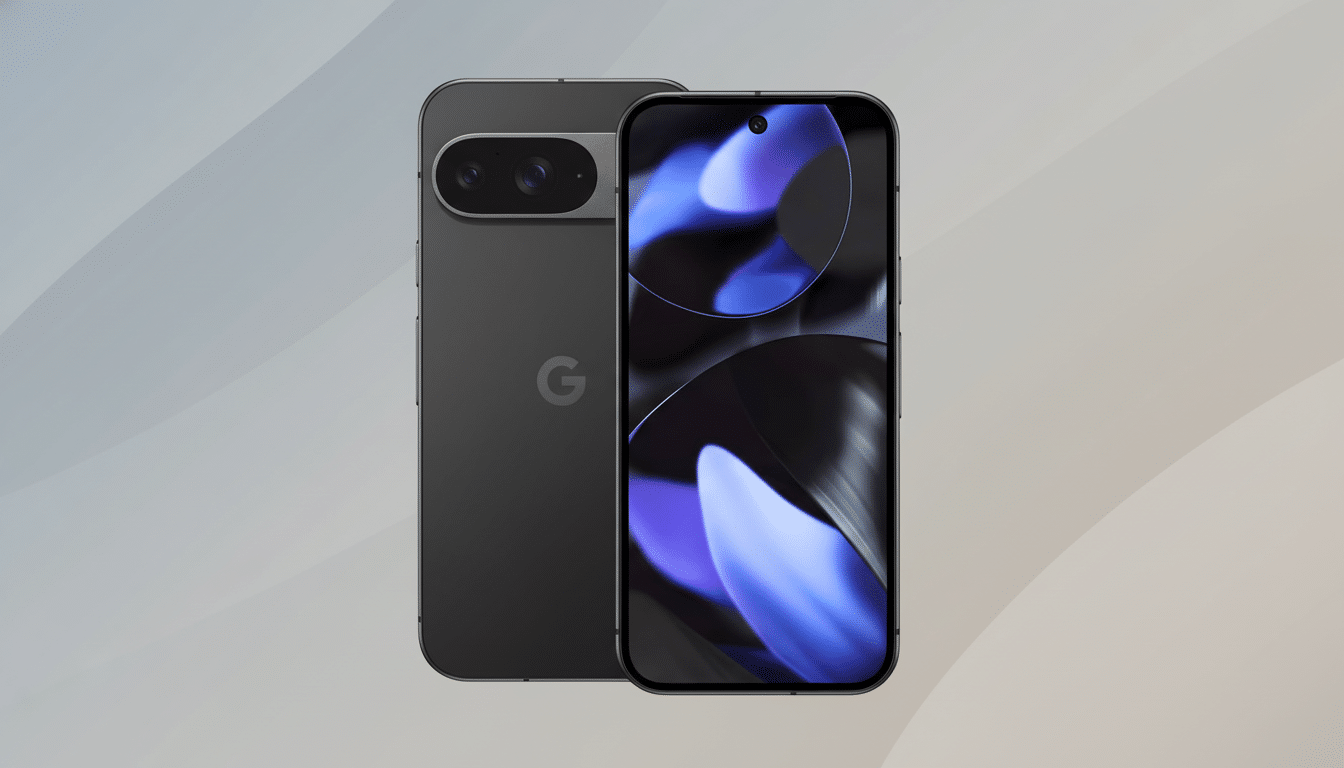 A dark gray smartphone with a Google logo on the back, shown at a 16:9 aspect ratio with a professional flat design background.