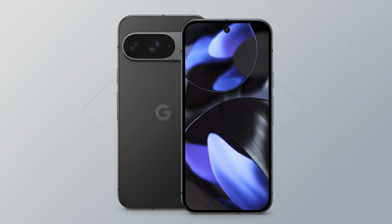 A professional 16:9 aspect ratio image of a dark gray smartphone, showcasing its front and back. The front screen displays a purple and black abstract design, while the back features a camera bar and the Google G logo. The background is a subtle light gray with a faint geometric pattern.