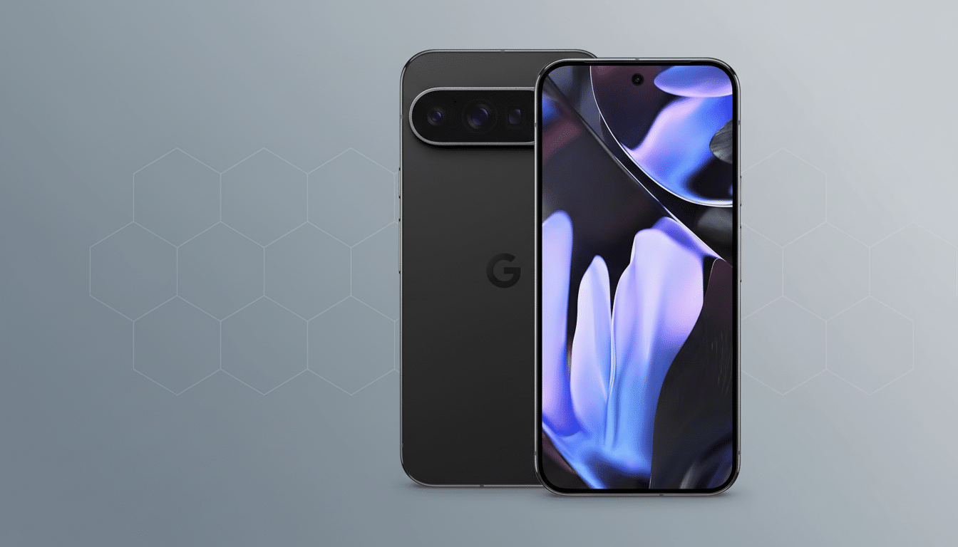 A black smartphone with a vibrant purple and blue screen, positioned in front of another black smartphone showing its back with a Google logo. The background is a professional flat design with soft gray gradients and subtle hexagonal patterns.