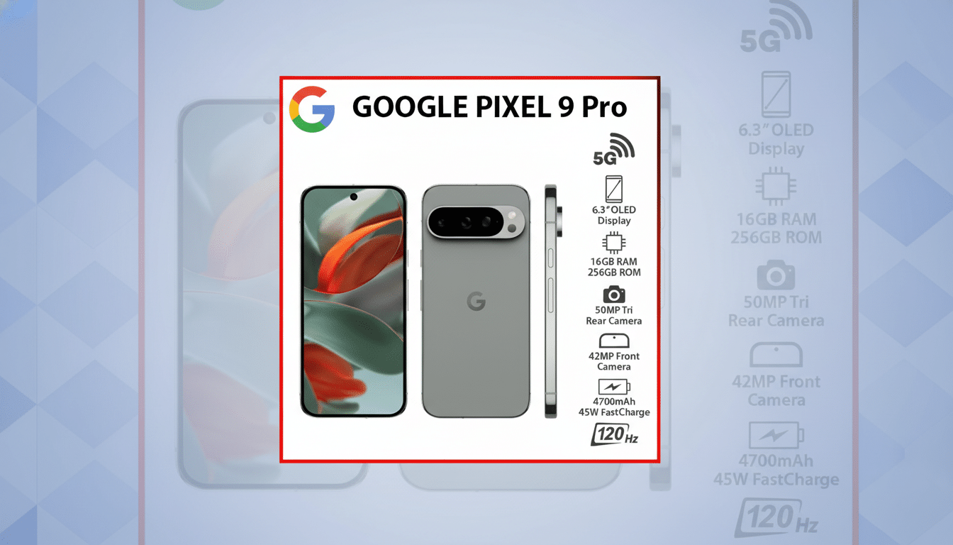 A professional, enhanced image of the Google Pixel 9 Pro, resized to a 16:9 aspect ratio. The original product image is centered with a soft, gradient background in shades of blue and green, maintaining a clean and professional presentation.