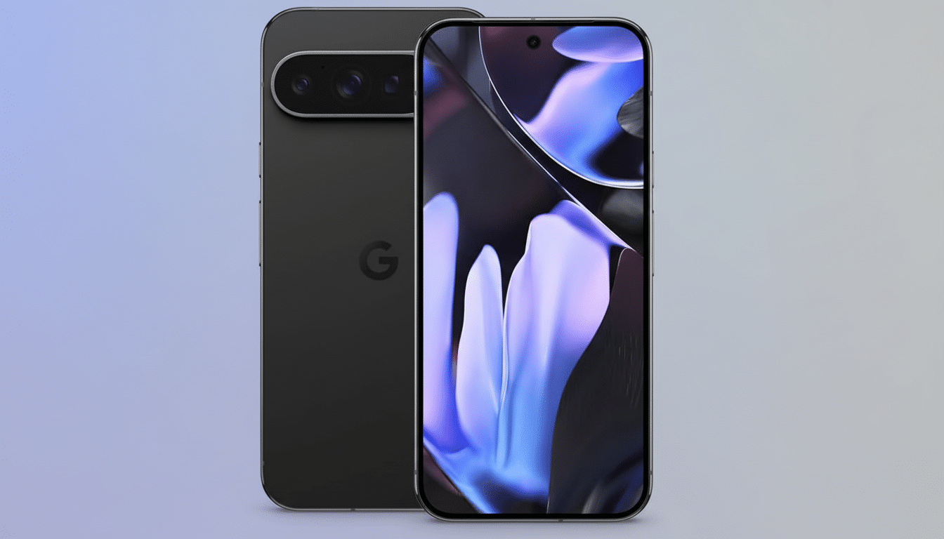 A front and back view of a dark gray smartphone, presented professionally on a soft gradient background.