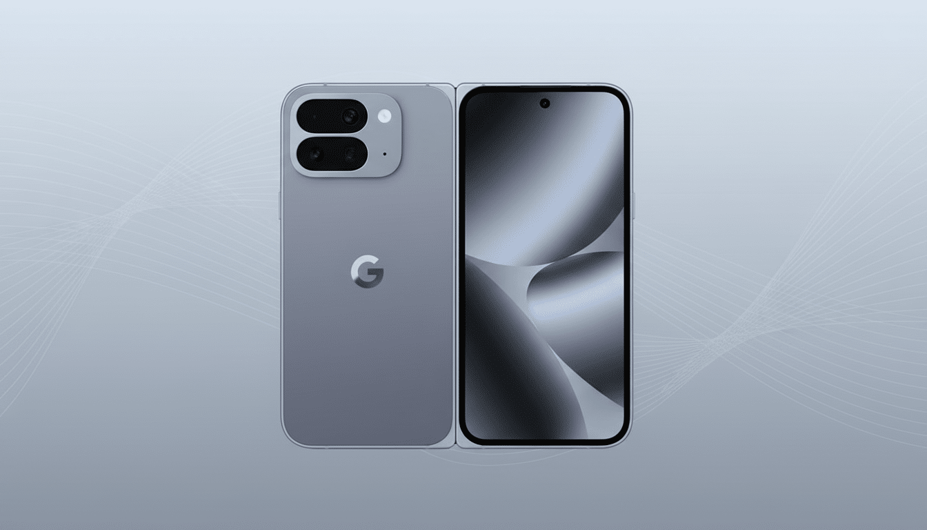 A gray foldable smartphone, seen from the front and back, against a professional flat design background with soft patterns.