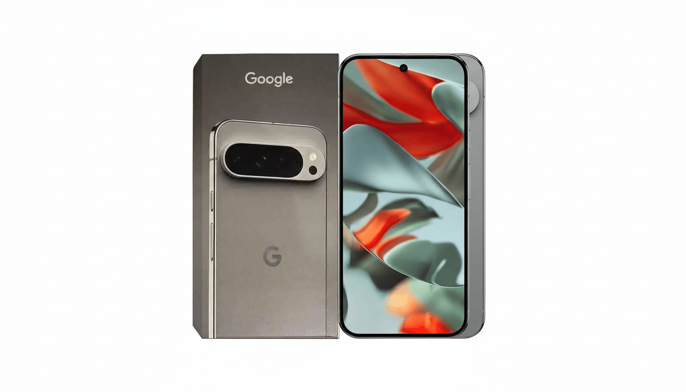 A Google Pixel phone and its box, presented on a clean white background.