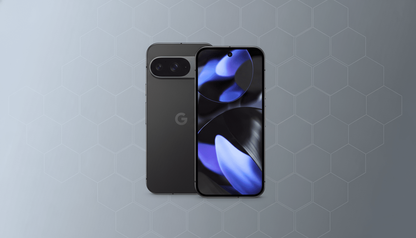 A dark gray smartphone with a camera bar on the back and a screen displaying abstract purple and black shapes, presented on a professional gray background with a subtle hexagonal pattern.