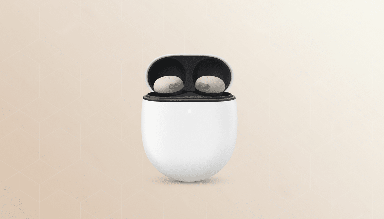 A pair of white wireless earbuds in their open charging case, set against a professional flat design background with soft patterns and gradients.