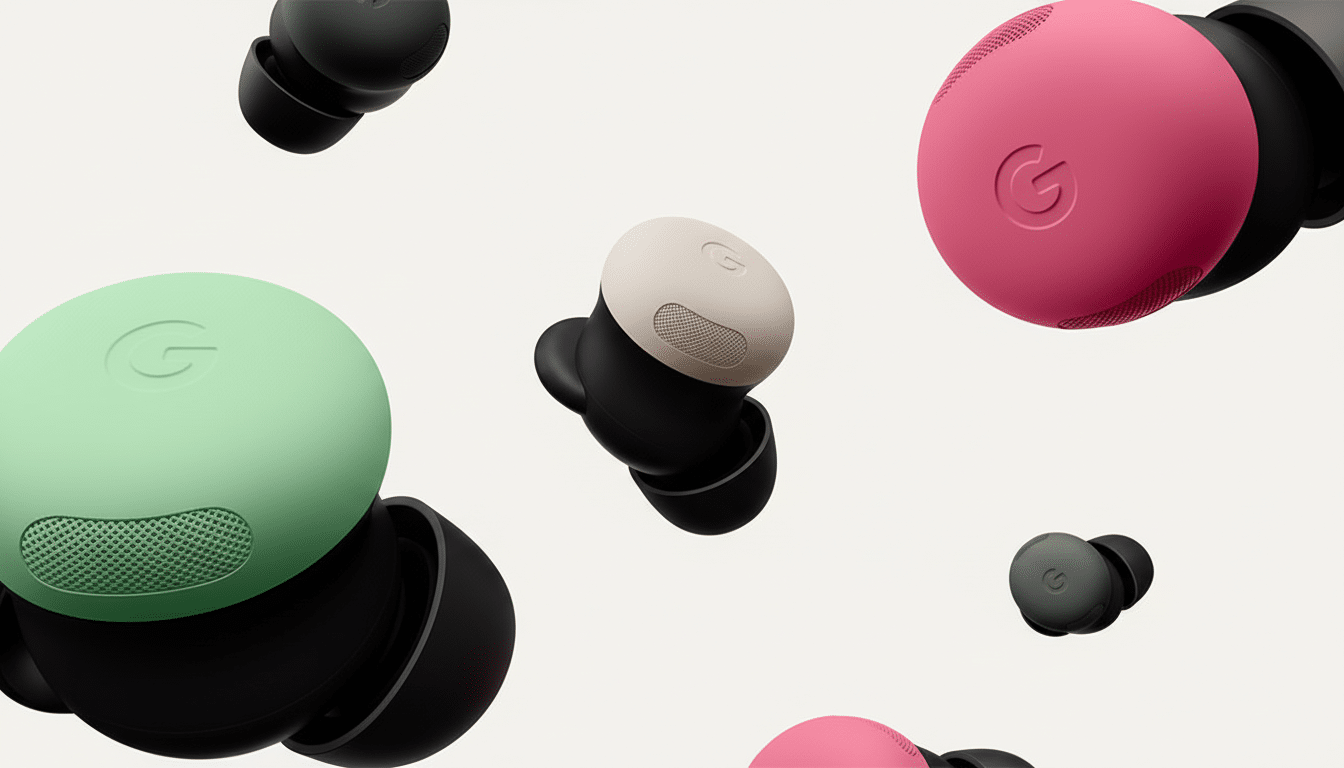 A collection of Google Pixel Buds in various colors, including pink, mint green, and black, arranged against a light background.