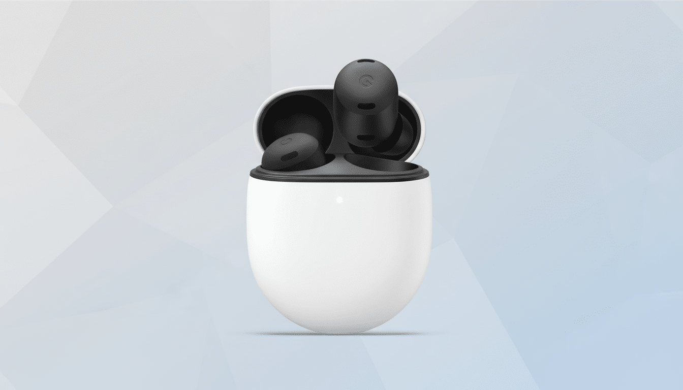 A pair of black Google Pixel Buds Pro earbuds in their open white charging case, presented on a professional light blue and white geometric background.