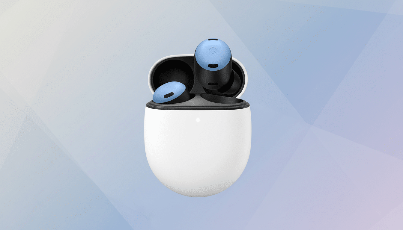 A pair of blue and black Google Pixel Buds Pro earbuds in their open white charging case, presented on a professional flat design background with soft patterns and gradients.