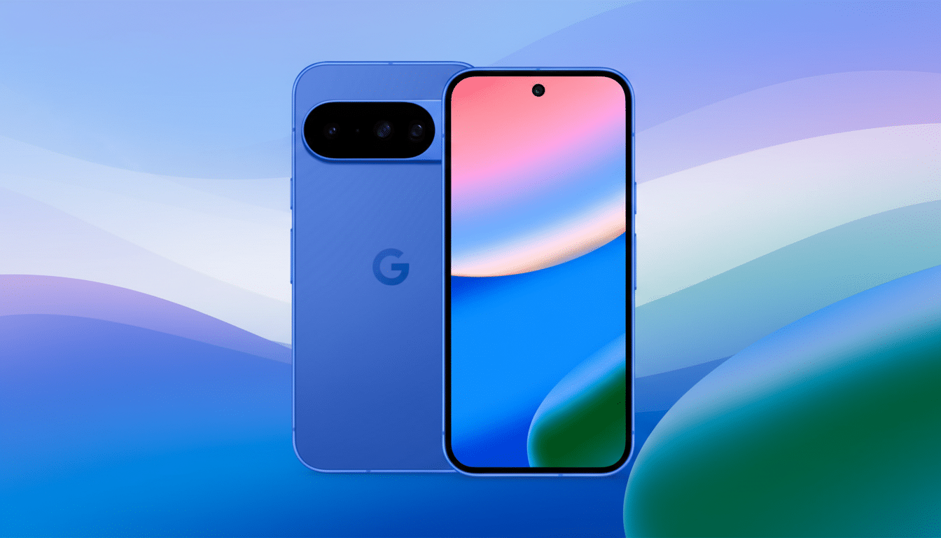 A blue smartphone with a Google logo on the back and a colorful screen on the front, presented against a professional flat design background with soft blue and purple gradients.