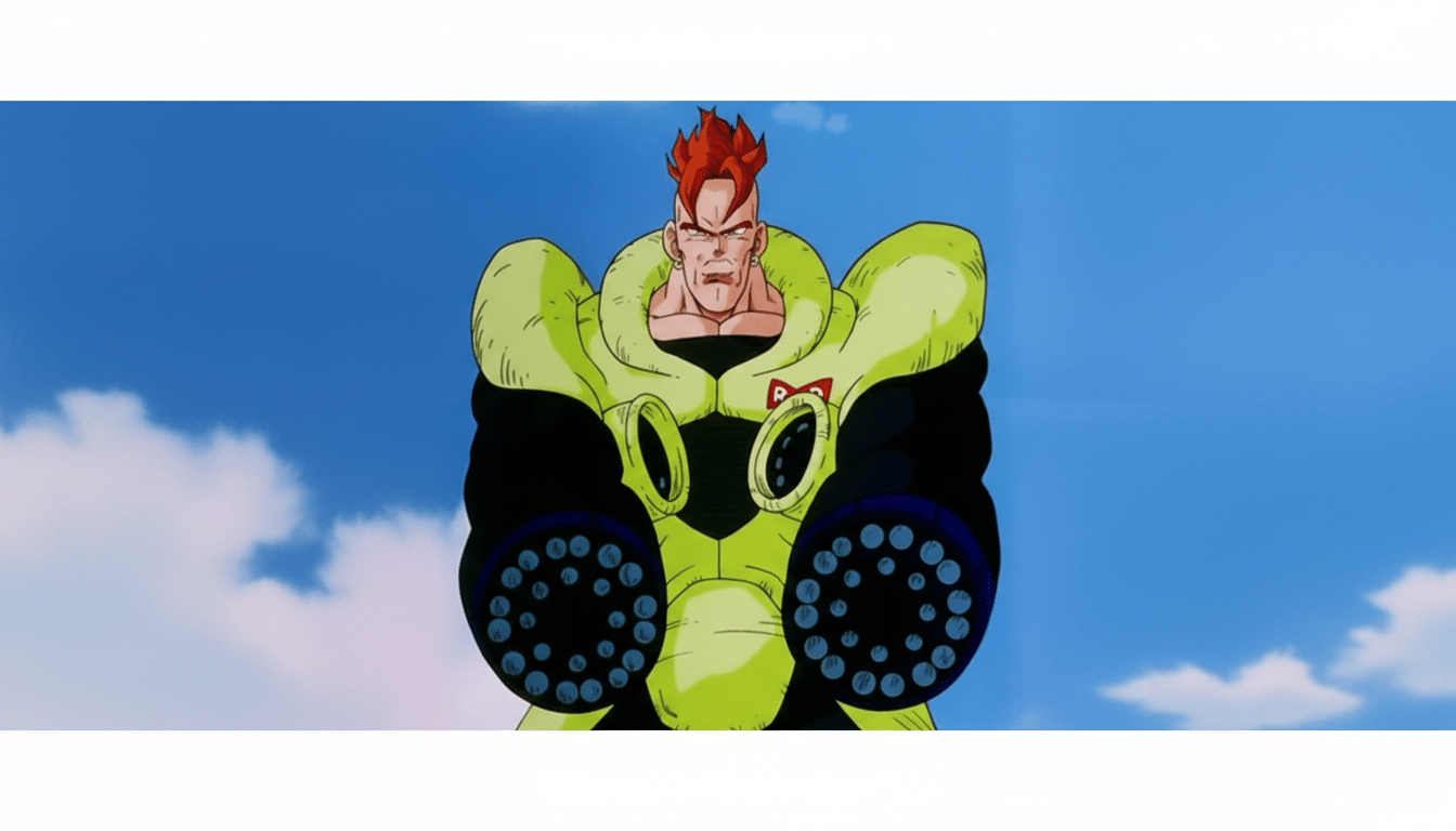 Android 16 from Dragon Ball Z, resized to a 16:9 aspect ratio, maintaining the original background.