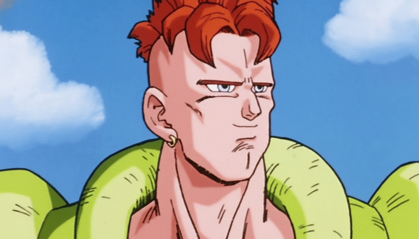 A 16:9 aspect ratio image of Android 16 from Dragon Ball Z, featuring his red hair, pale skin, and green shoulder armor against a blue sky with white clouds.