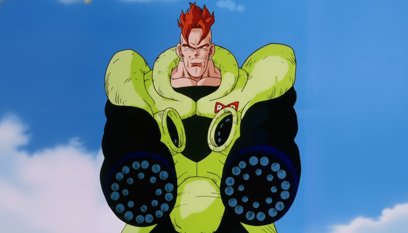 Android 16 from Dragon Ball Z, a large, muscular android with red hair and a green and black suit, standing against a blue sky.