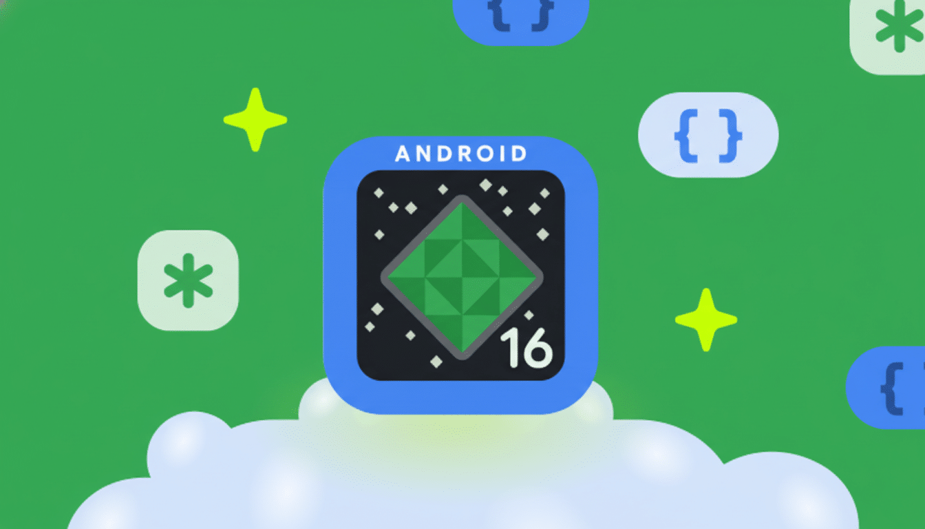 A 16:9 aspect ratio image featuring the Android 16 logo, a green diamond shape on a dark background with white dots, encased in a blue square. The logo is centered on a vibrant green background with subtle patterns of stars, an asterisk, and curly braces, and a soft white cloud at the bottom.