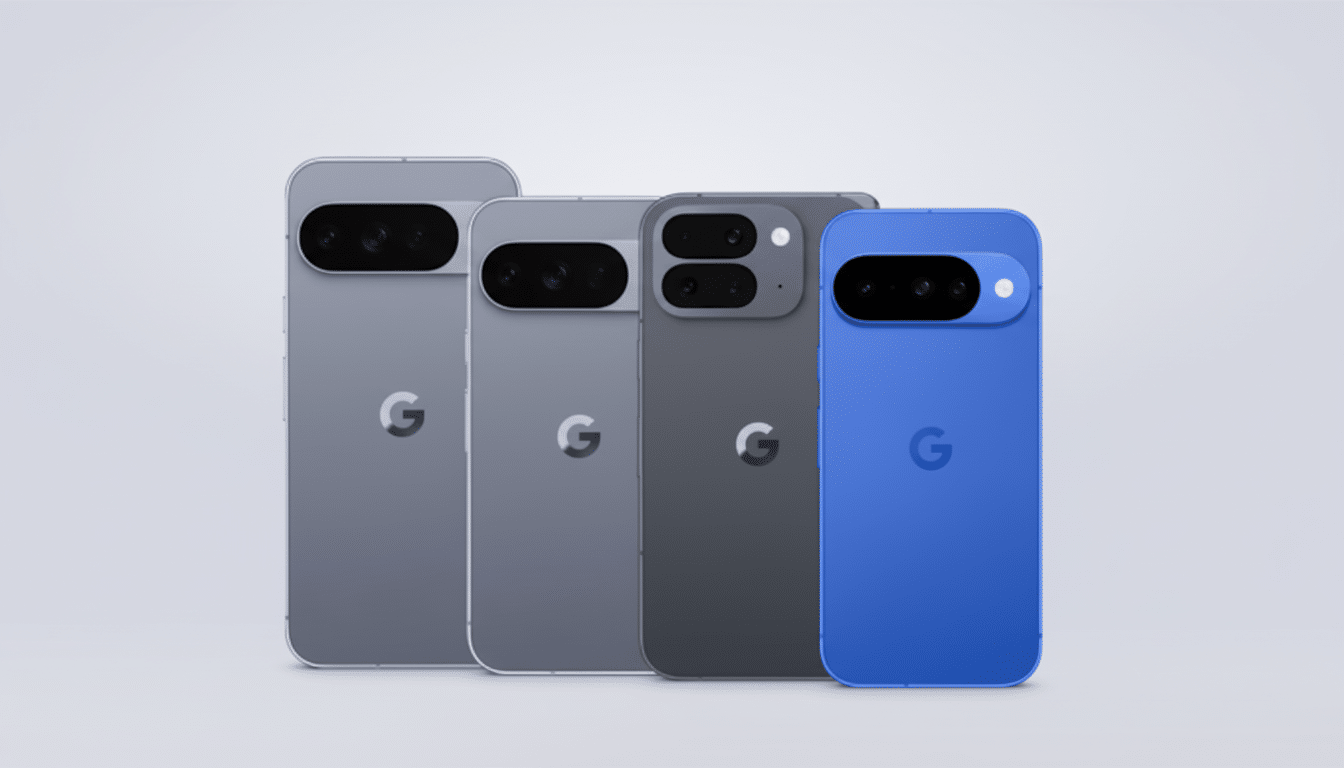 Four Google Pixel phones in various shades of gray and blue, arranged in a row on a light gray background.