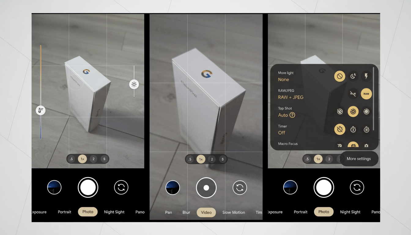 A triptych of smartphone camera interface screenshots, showcasing different modes and settings. The left panel shows the photo mode with exposure controls, the middle panel shows the video mode, and the right panel displays advanced settings like RAW+JPEG capture and timer options.