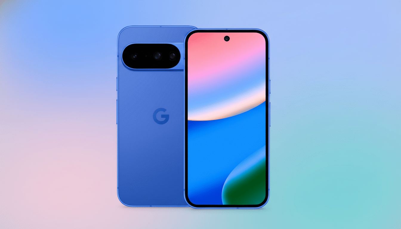 A blue smartphone with a Google logo on the back and a colorful screen on the front, set against a soft gradient background.