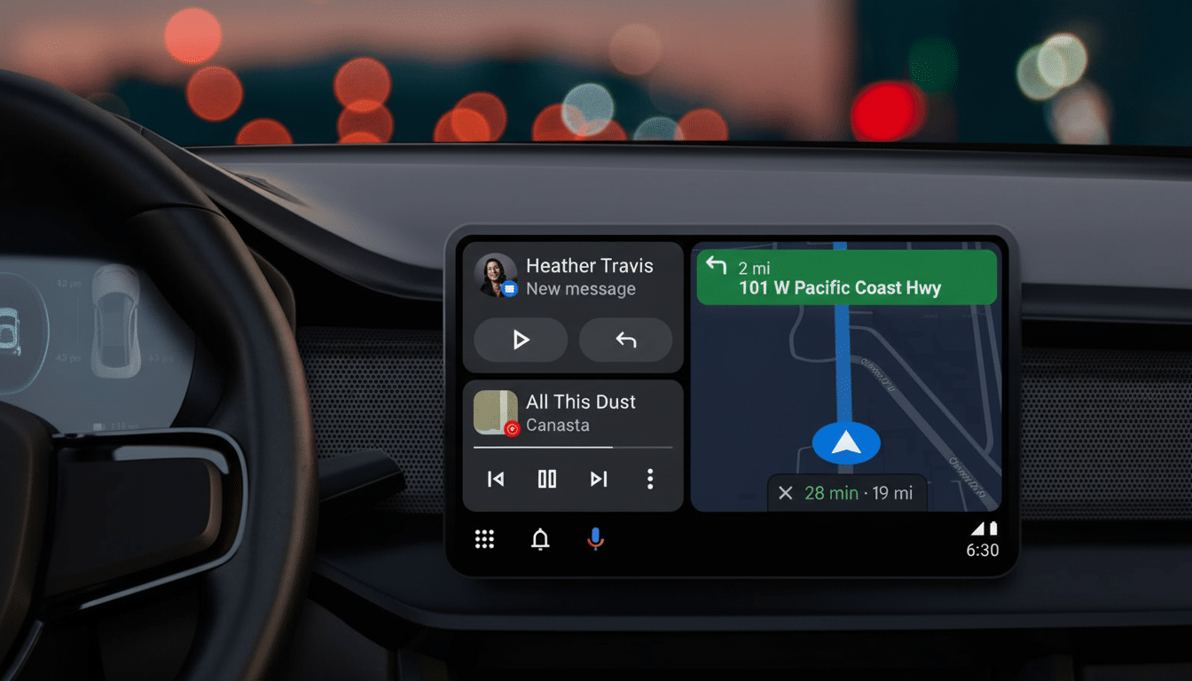 A cars dashboard with a screen displaying navigation and music, resized to a 16:9 aspect ratio.
