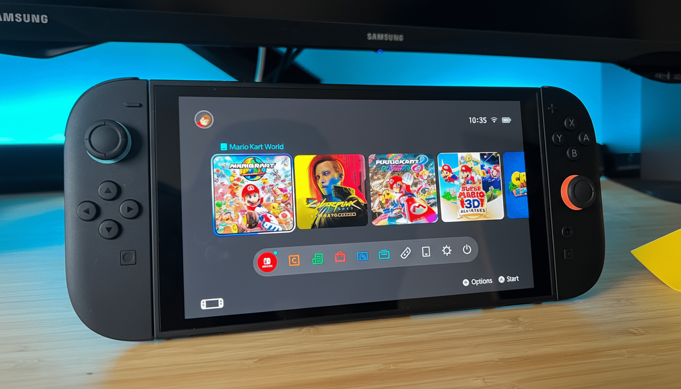 A Nintendo Switch console displaying the home screen with several game icons, including Mario Kart World and Cyberpunk 2077. The console is set against a blurred background with a blue light.