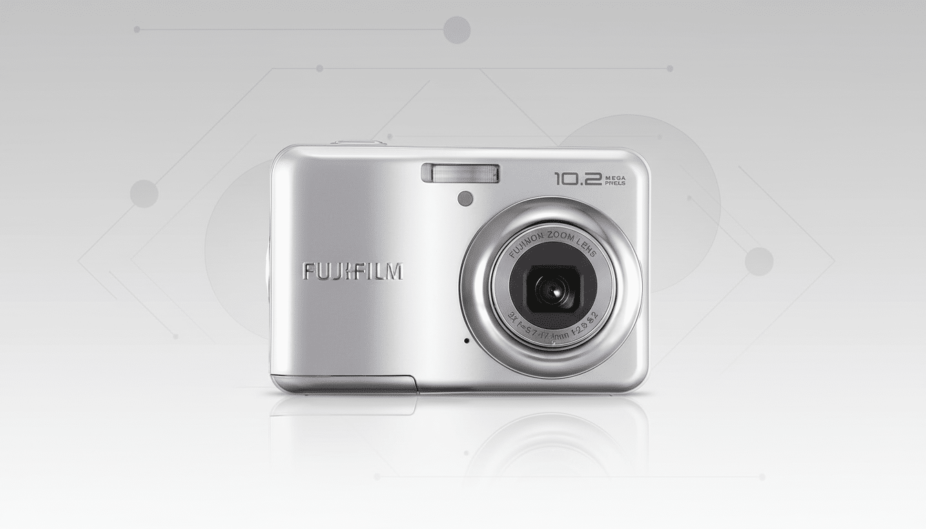 A silver Fujifilm digital camera with a 10.2-megapixel sensor and Fujinon zoom lens, presented on a professional flat design background with soft patterns and gradients.