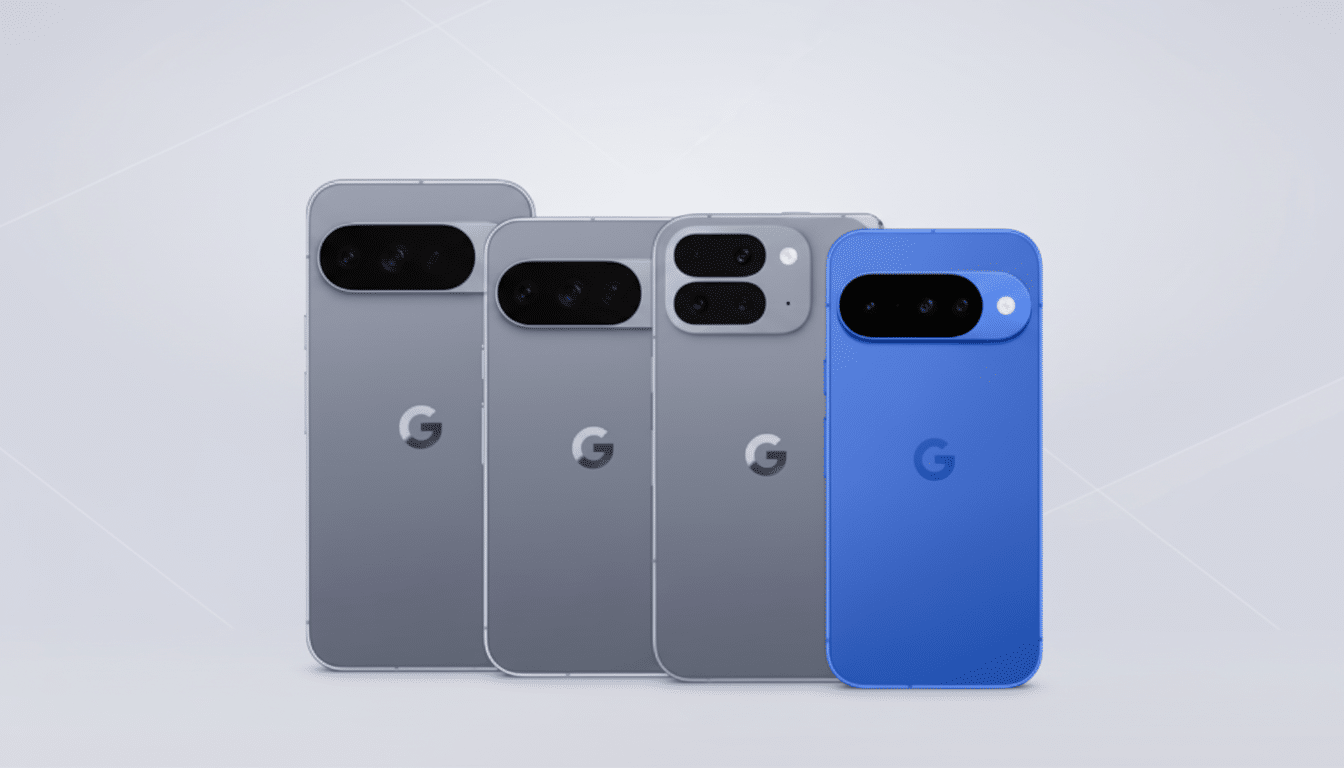 Four Google Pixel phones, three gray and one blue, are arranged in a row against a light gray background with subtle geometric patterns.