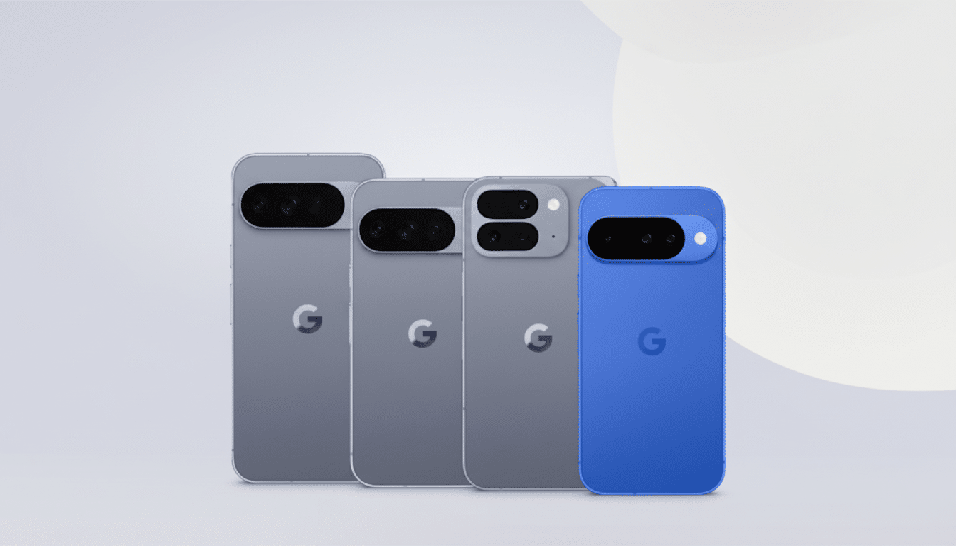 Four Google Pixel phones, three gray and one blue, are arranged in a row against a light gray background with subtle white abstract shapes.